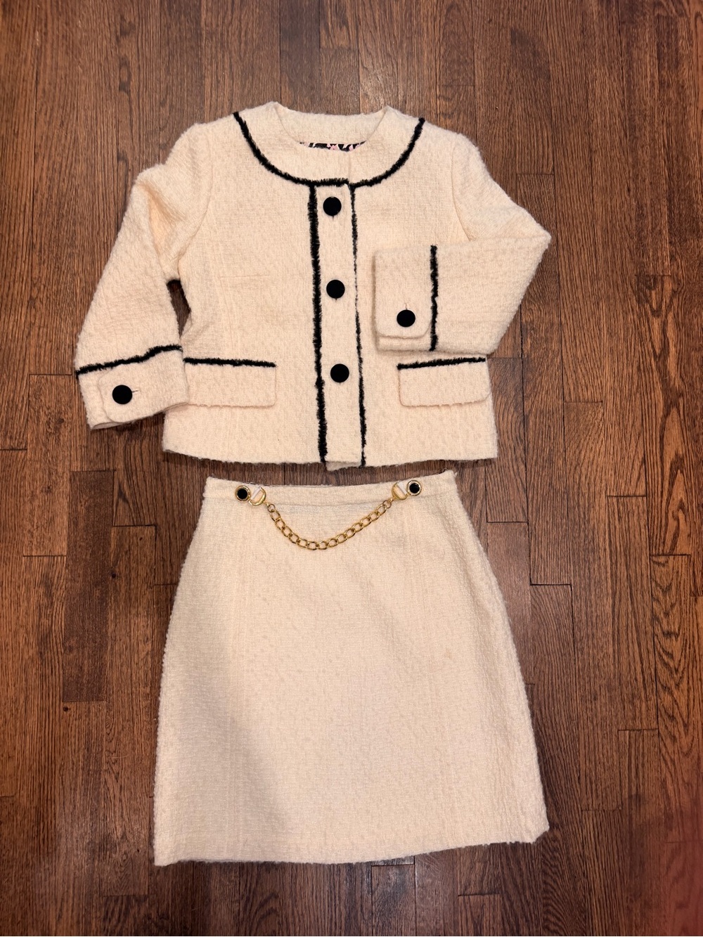 Milly Cream Bouclé Two-Piece Jacket & Skirt Set with Black Trim